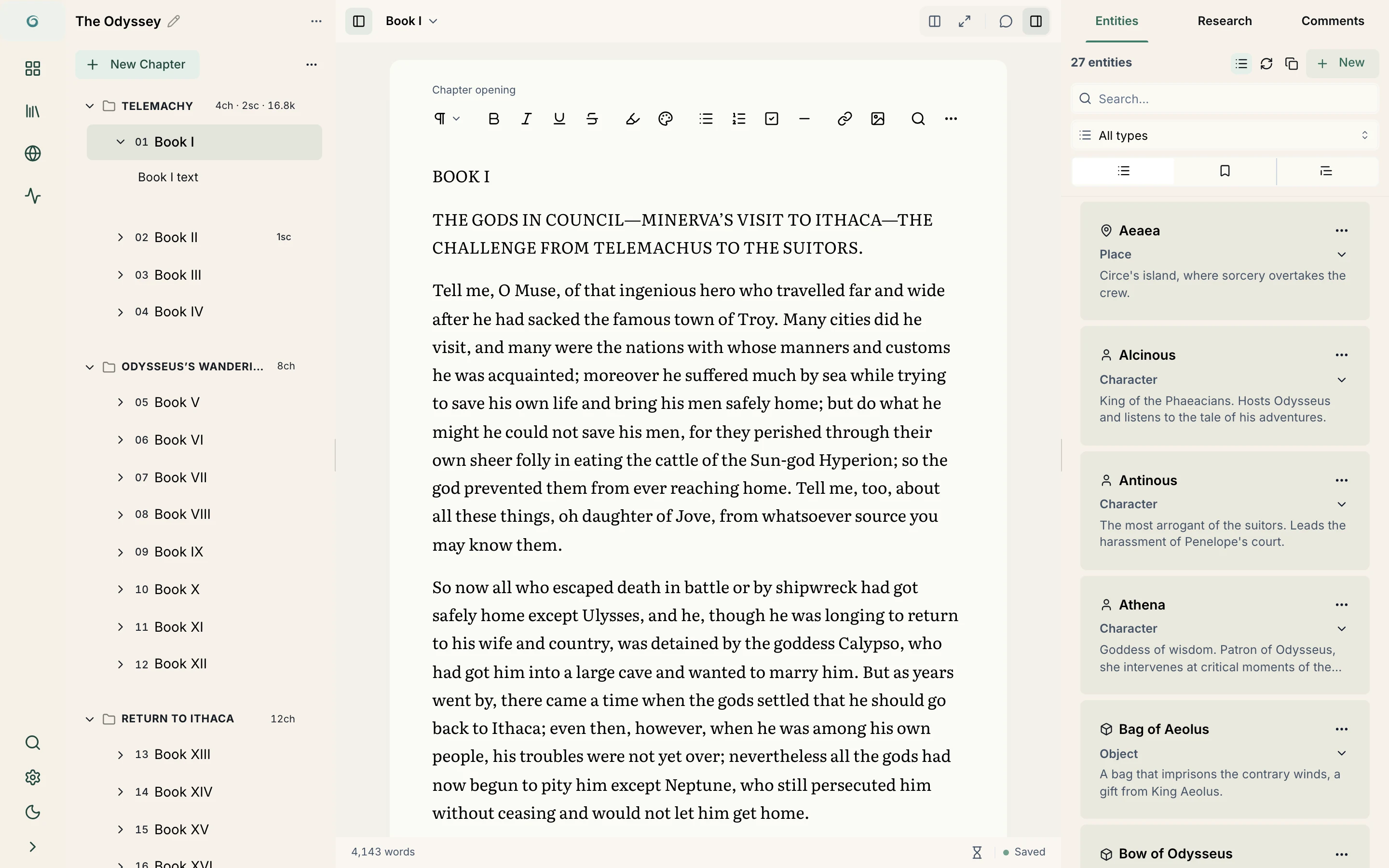 Inkthar editor with book structure, manuscript, and entities open
